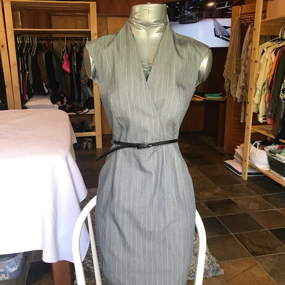 Grey dress with white pinstripes